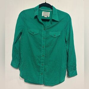 Anthropologie MAEVE Green Polka Dot Button Up Shirt with Button/Thread Details